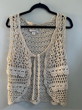 TRUE GRIT DRY GOODS Women's Crochet Knit Boho Vest Cardigan Tan Size MEDIUM